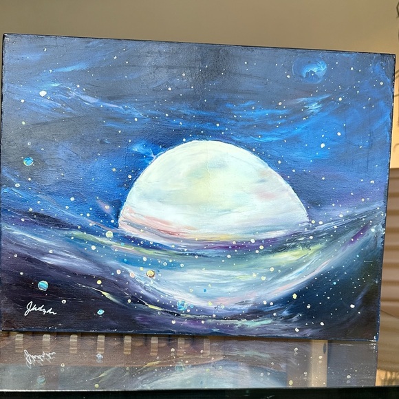 Original Art! Blue and White Moonlit Space Galaxy Canvas Art - Picture 2 of 6